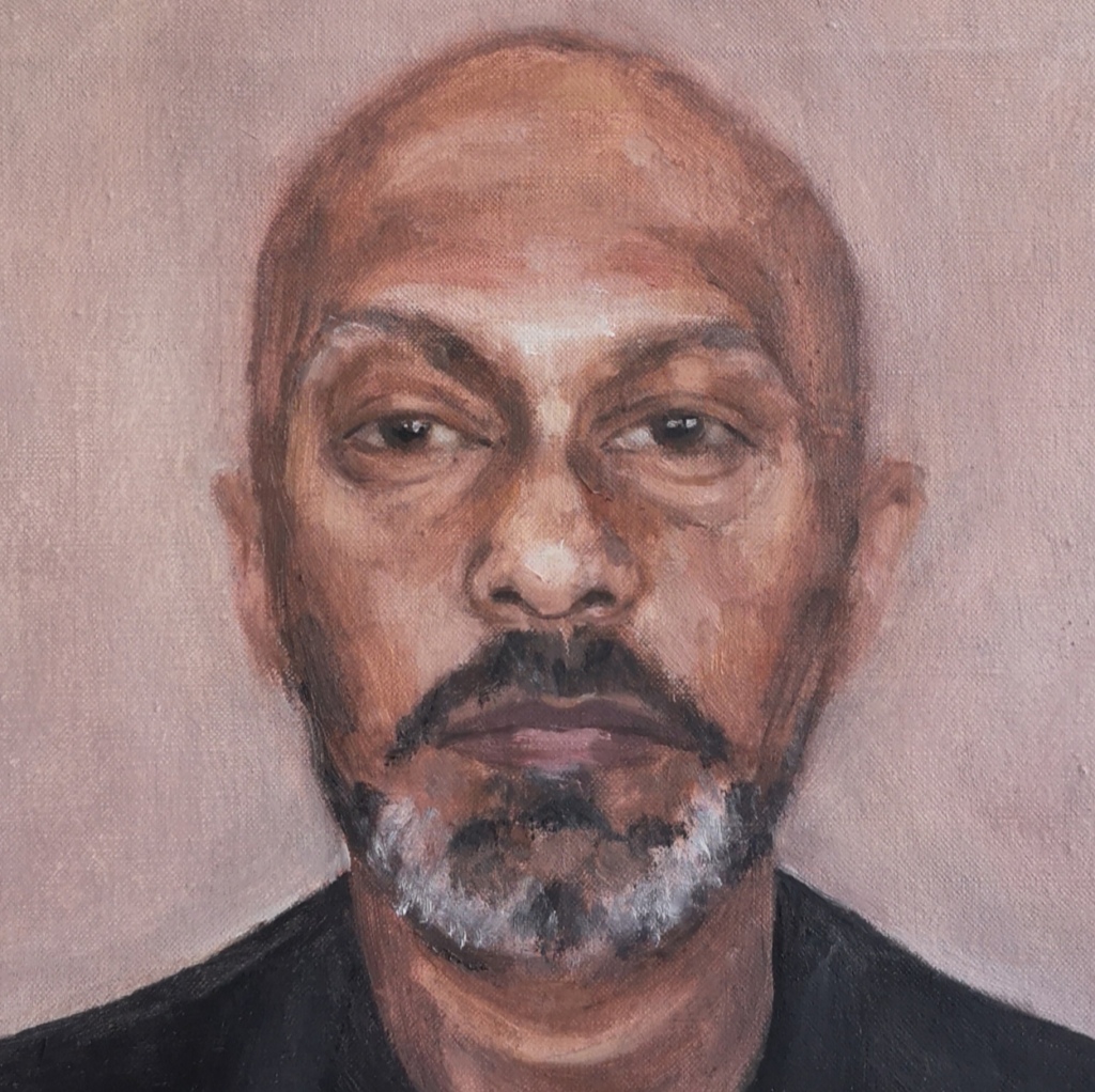 Portrait of Akram Khan by Clara Niniewski, oil on stretched linen